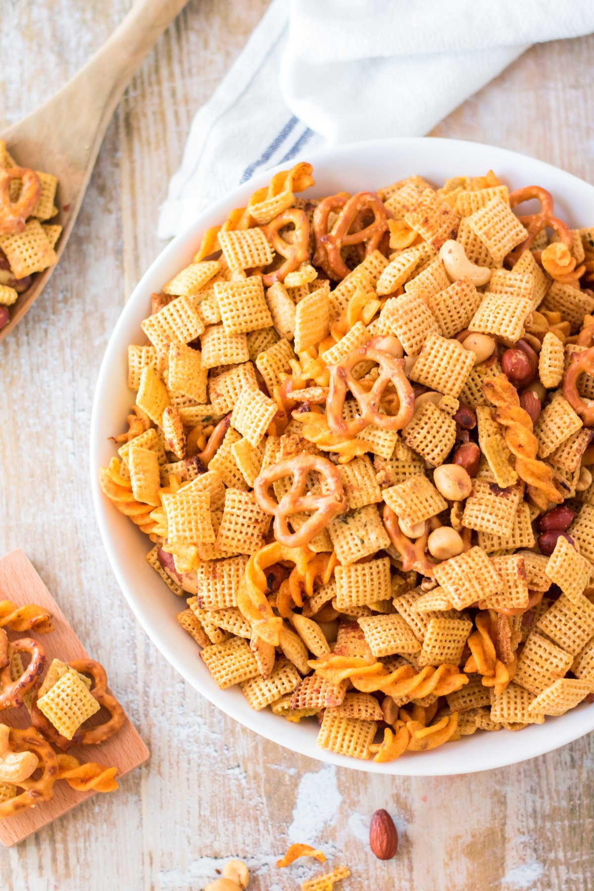 ranch chex mix in a white bowl