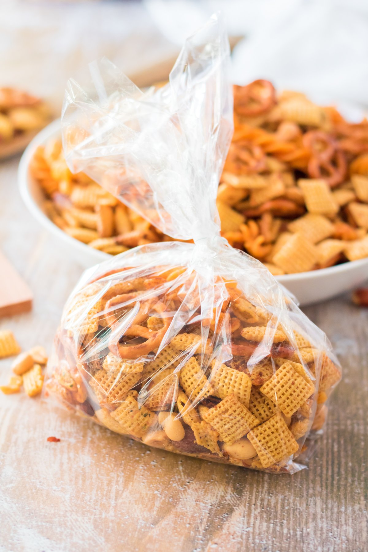 ranch chex mix tied in a plastic baggie