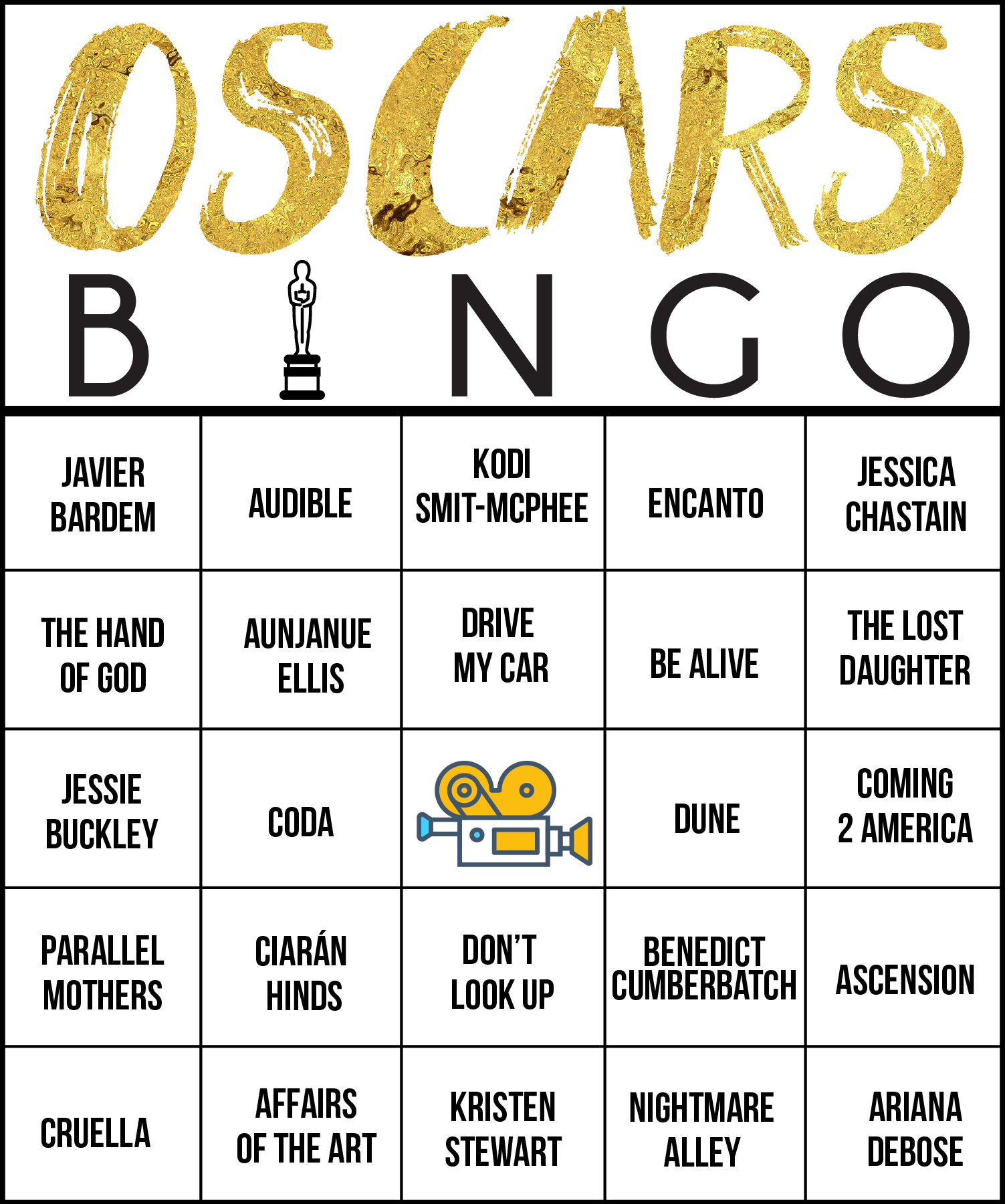 Free Printable 2022 Oscars Bingo Cards - 22