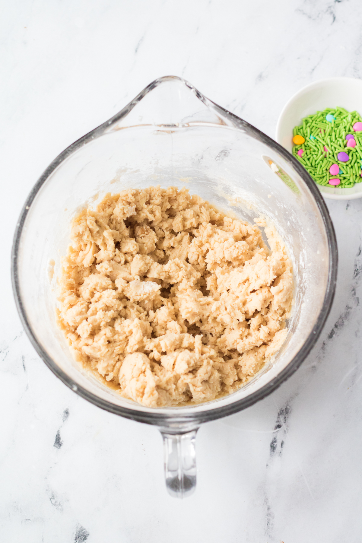 glass batter bowl with Easter cookie batter