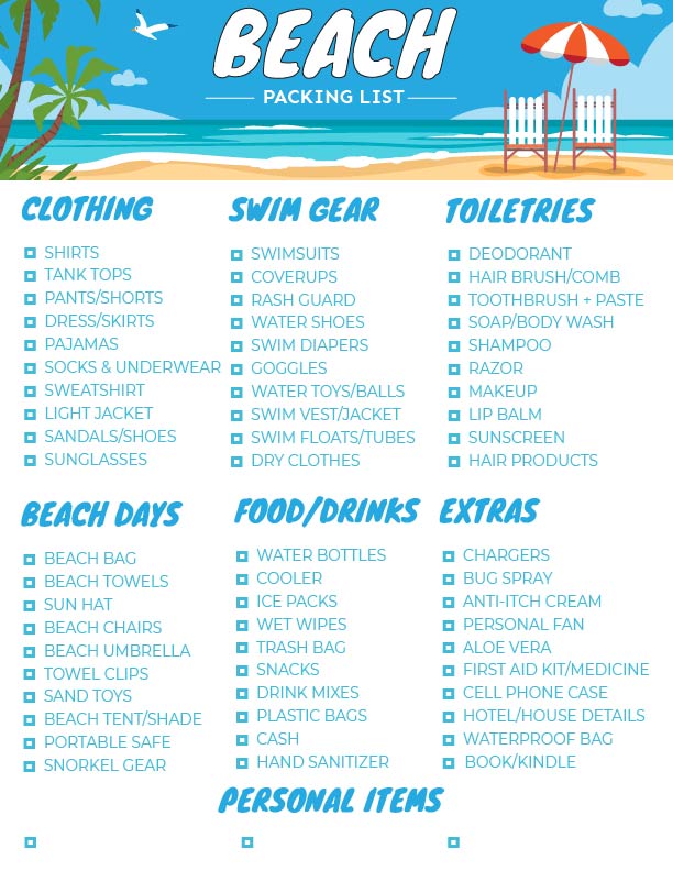 Beach Vacation Packing List Printable Instant Download lupon gov ph