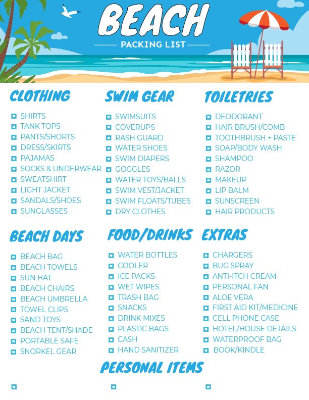 The Ultimate Beach Packing Checklist And Lots Of Tips Free Printable Forget Nothing Complete 