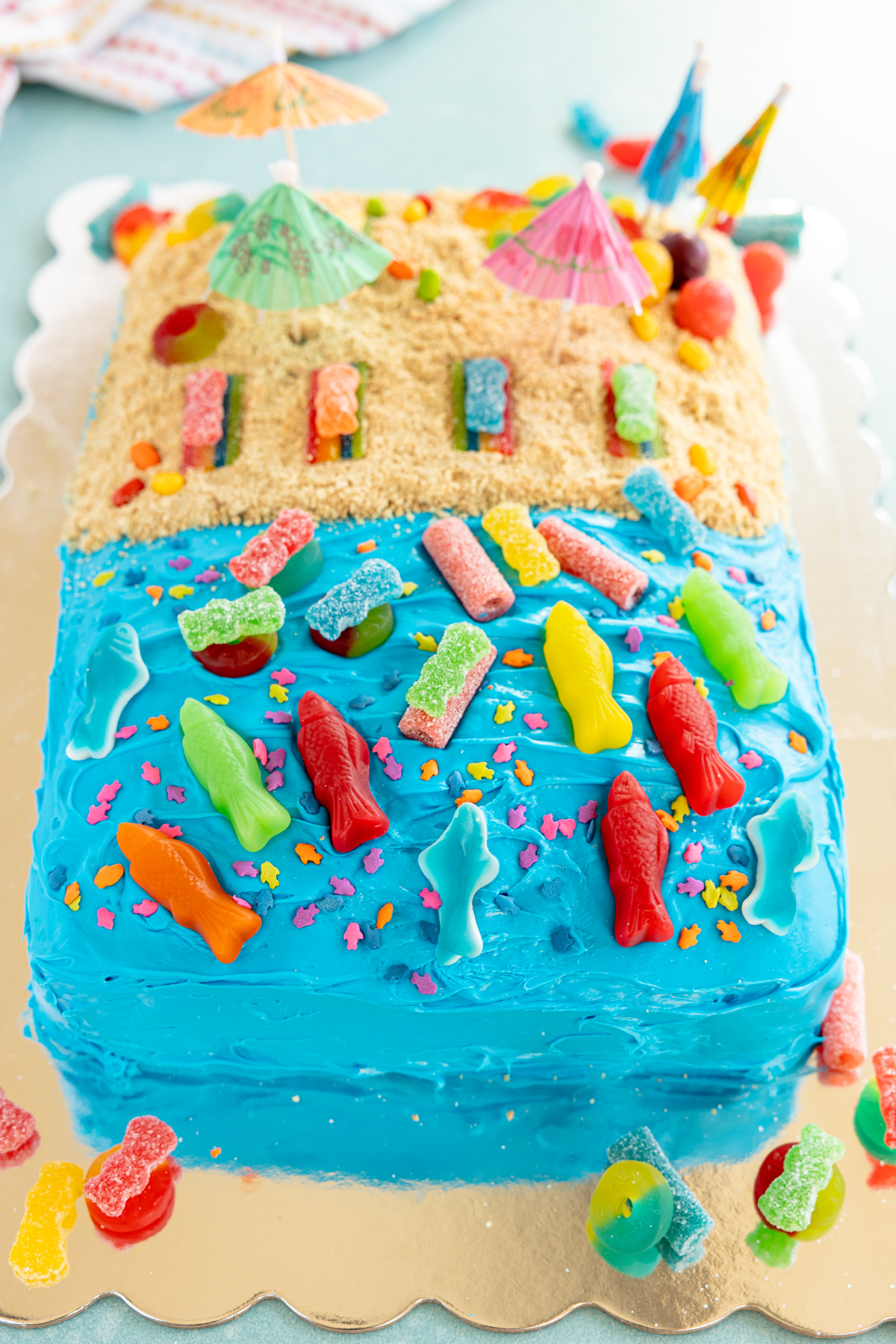 close up view of a beach cake