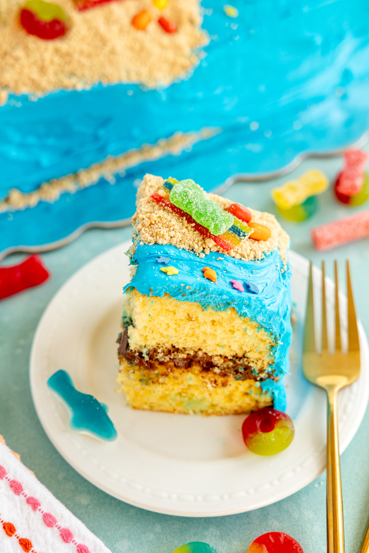 slice of beach cake on a white plate