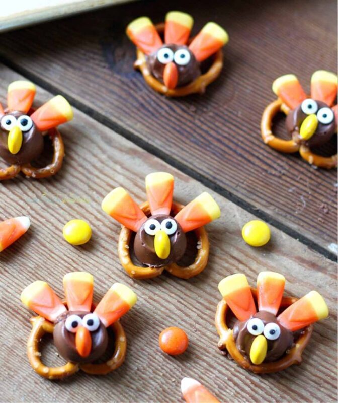 pretzels decorated with candy to look like turkeys