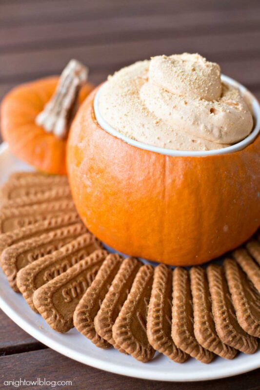 pumpkin filled with dip and crackers
