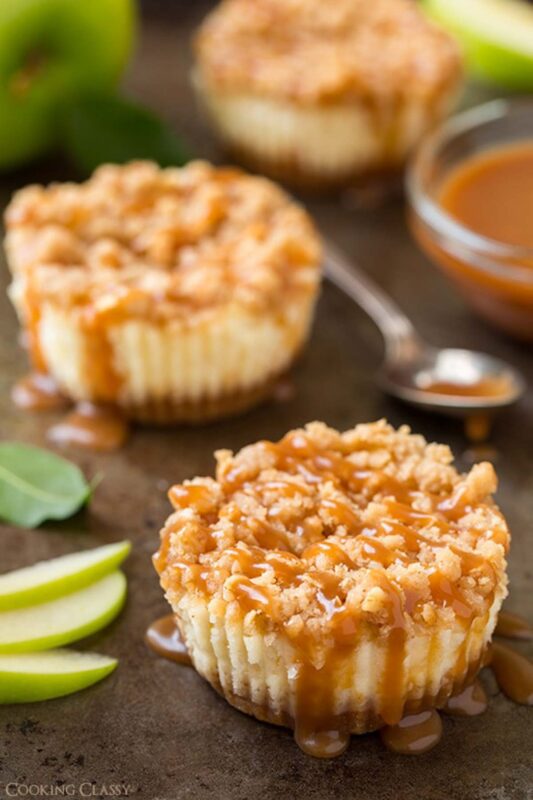 mini cheesecakes with apple streusel and caramel topping