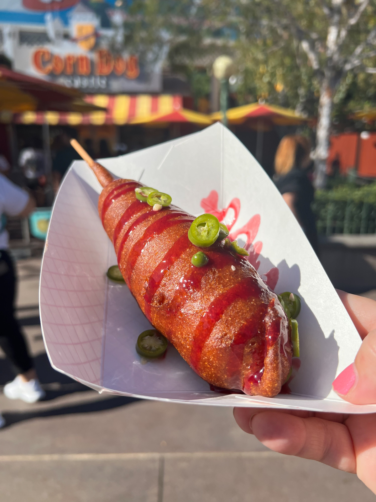 hand holding a tray with a corn dog covered in raspberry sauce