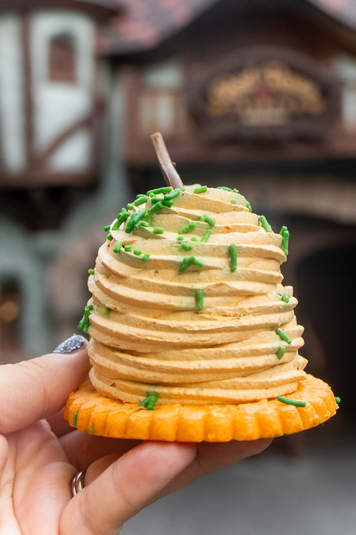 Hand holding a Disneyland pumpkin stuff treat