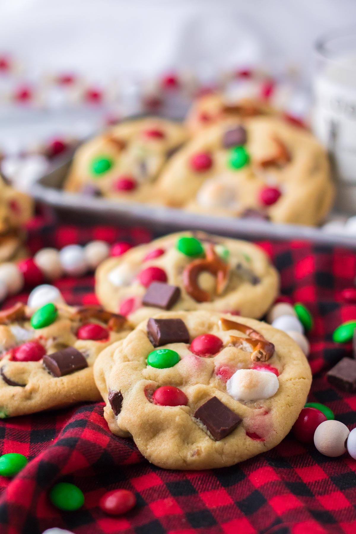 Kitchen sink Christmas cookies on buffalo plaid fabric