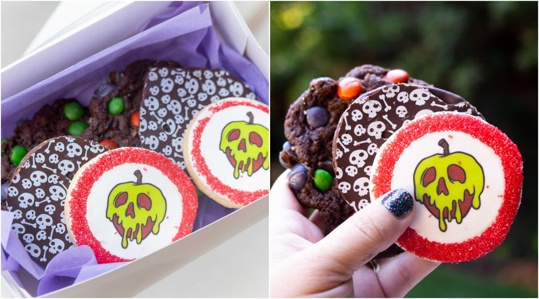 collage of images showing hand holding Halloween cookies at Disneyland