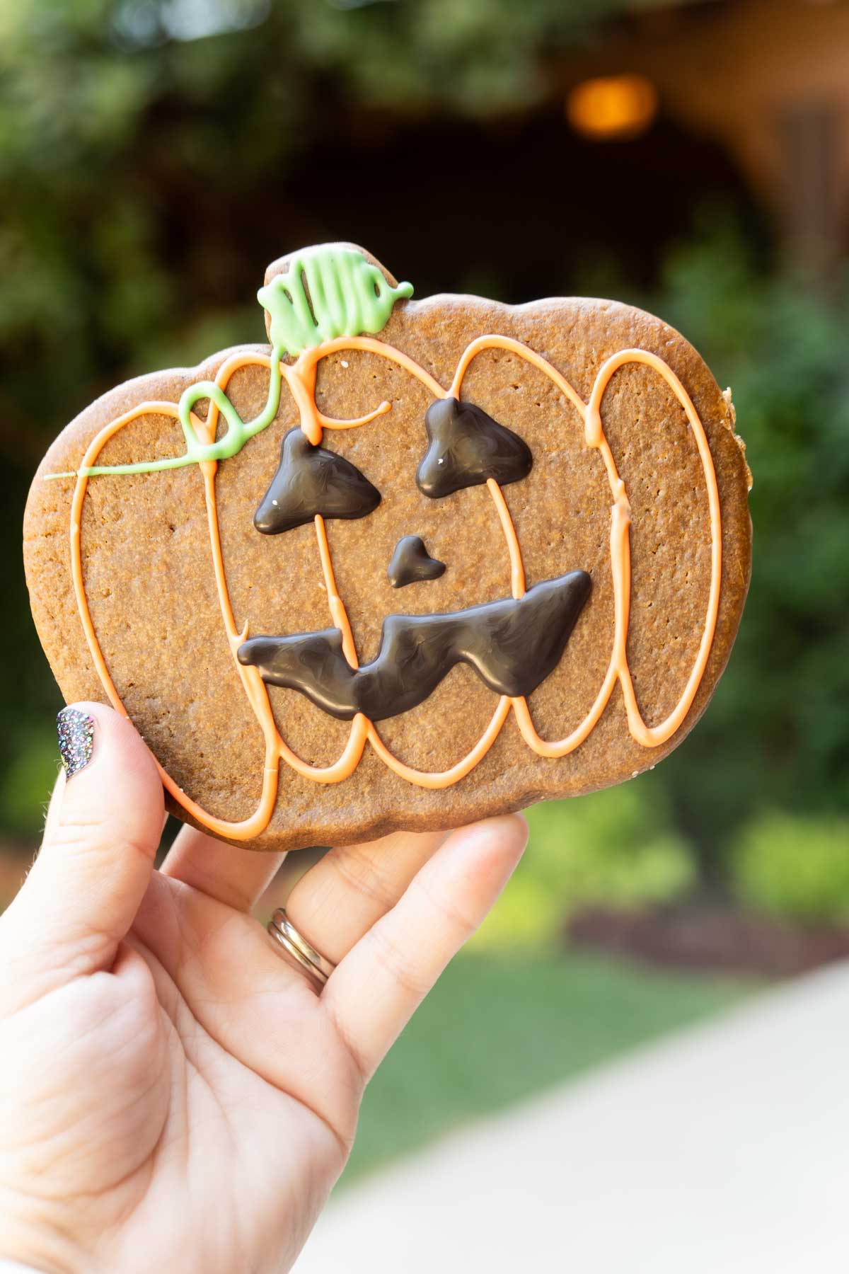 hand holding a gingerbread pumpkin cookie