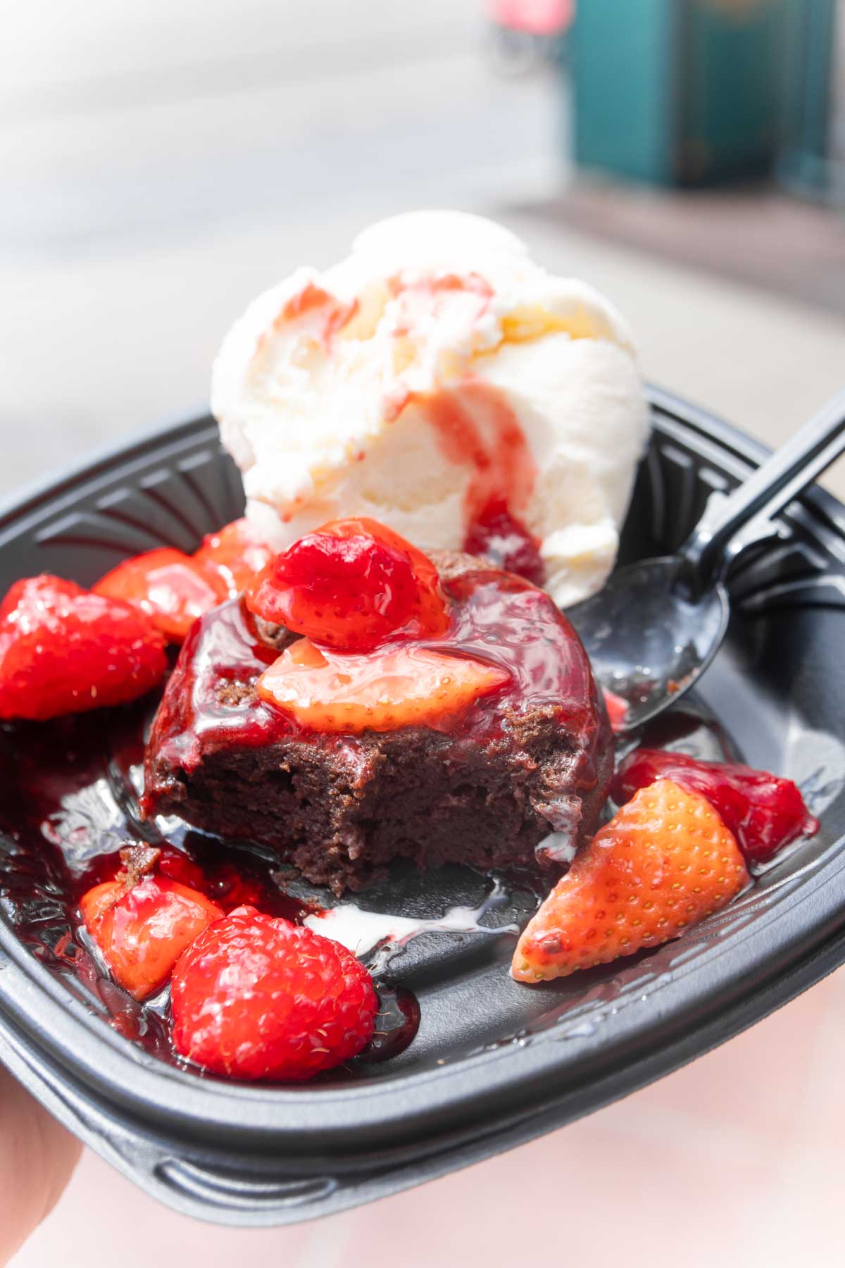 chocolate lava cake with strawberries on top at Disneyland