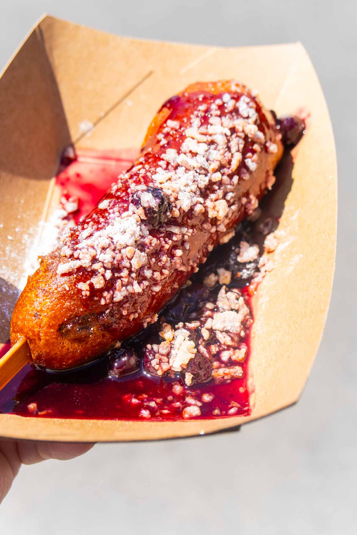 blueberry topped corn dog at Disneyland