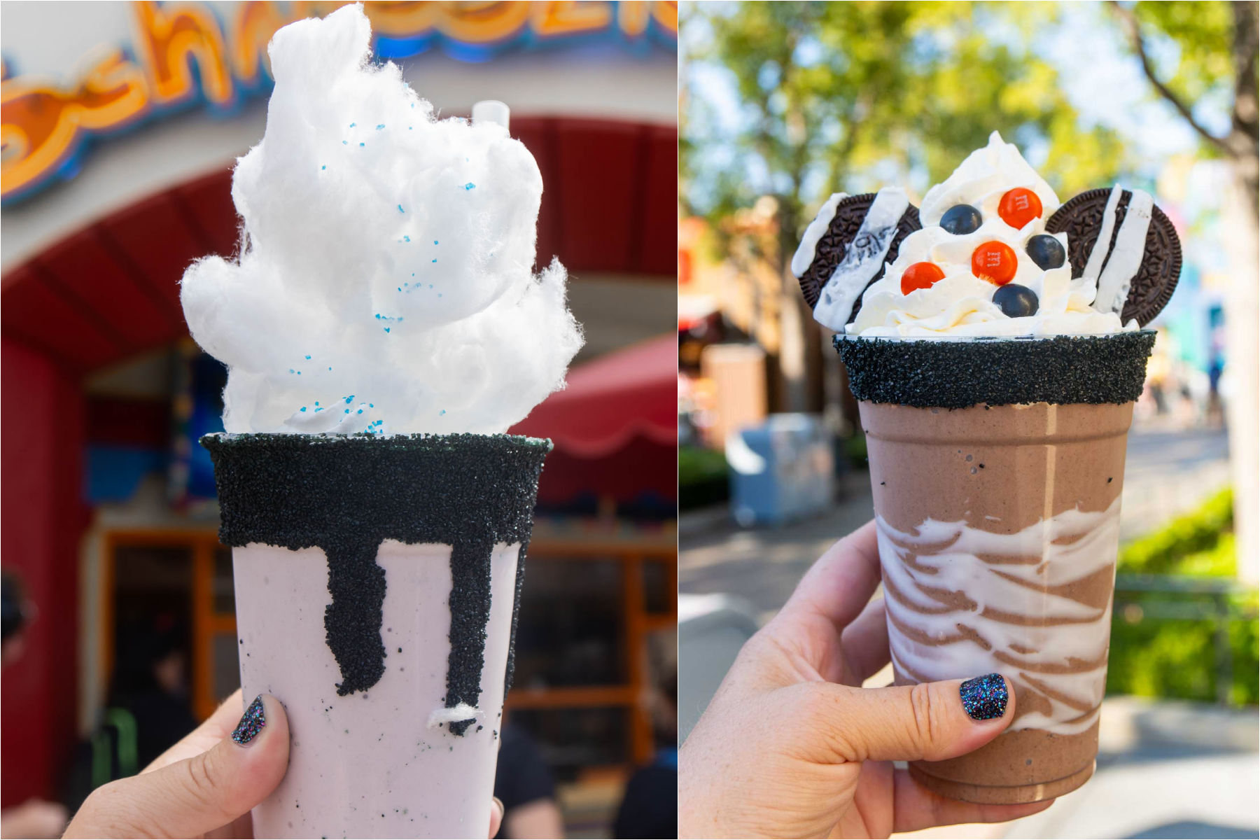 Two different milkshakes being held by a woman's hand in a collage