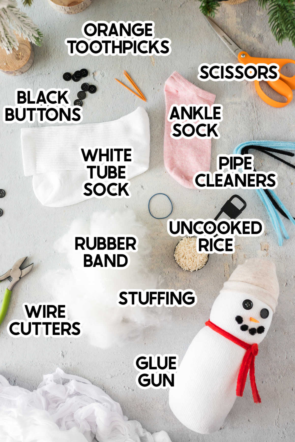 supplies to make a sock snowman craft