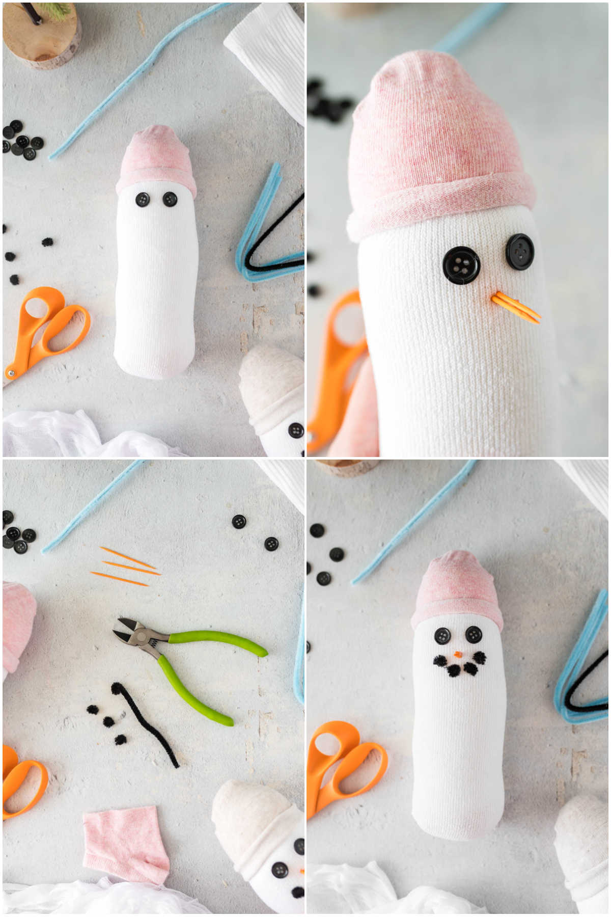 four images showing how to add a face to a snowman craft