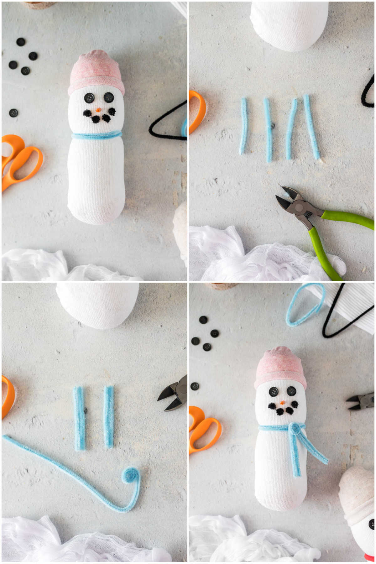 collage of four images showing making a sock snowman