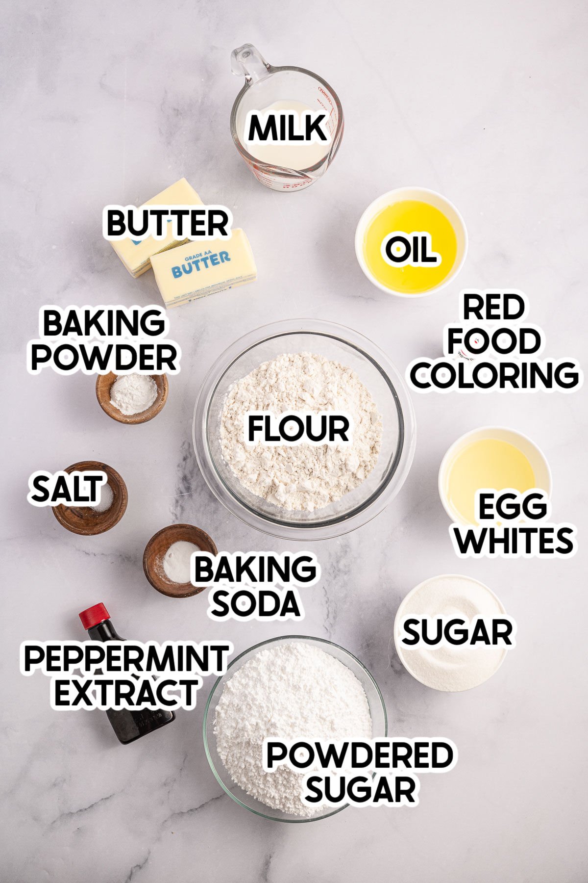 ingredients to make candy cane cupcakes with labels