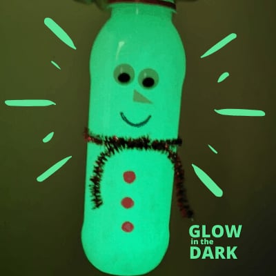 water bottle with glow in the dark paint and a snowman face