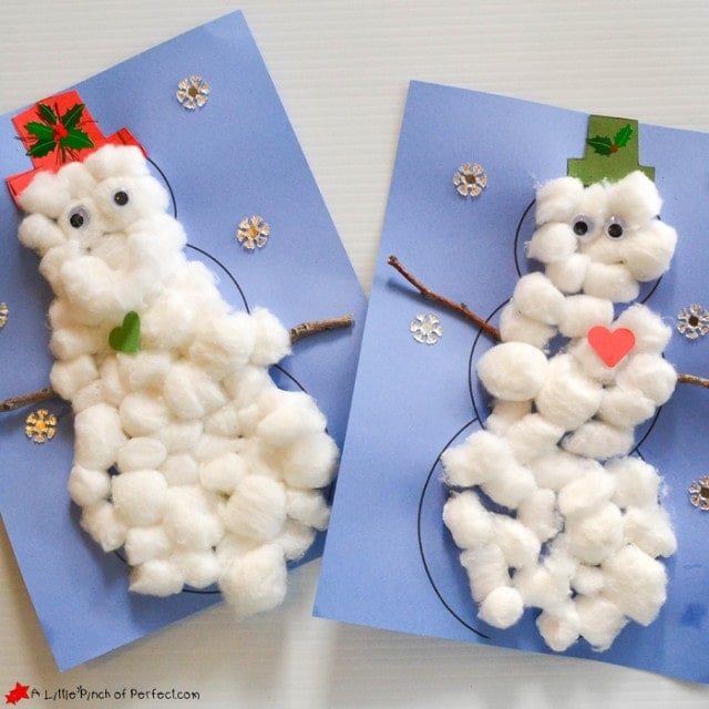 cotton balls glues in the shape of a snowman