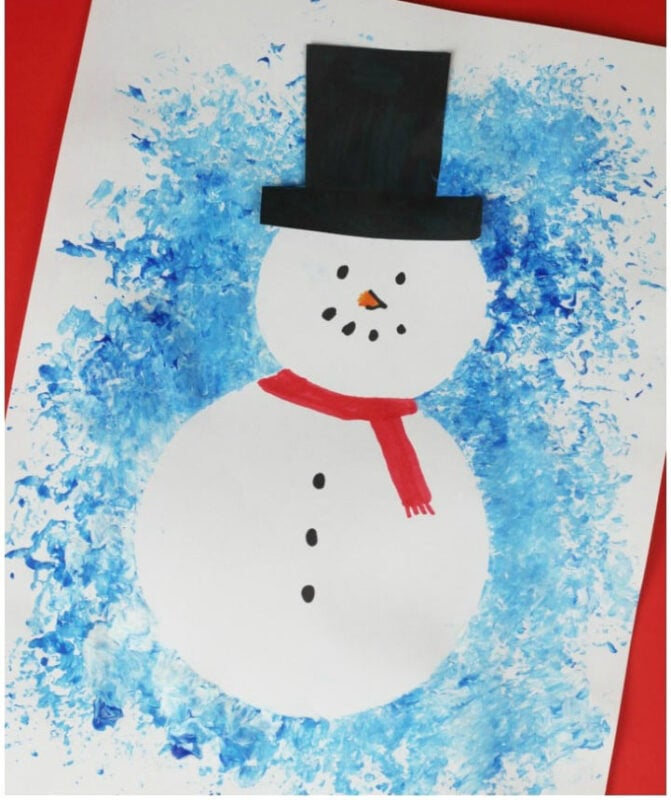 white snowman with colorful background and paper hat