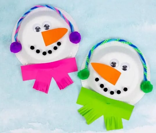 upside down paper plates with snowman faces and ear muffs