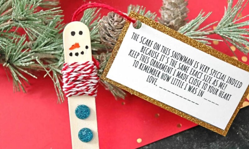 popsicle stick with yarn wrapped as a scarf and snowman face drawn on