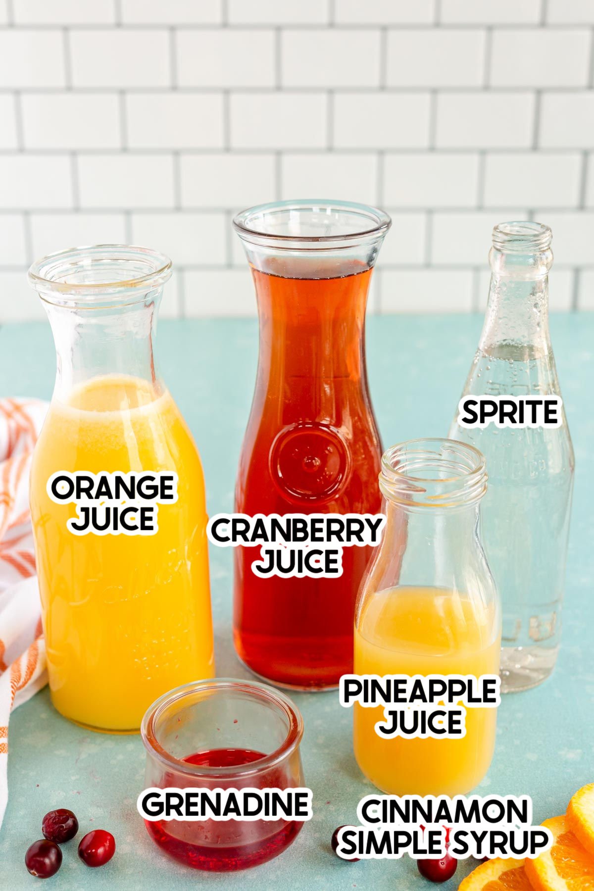 ingredients in a Thanksgiving punch with labels on them