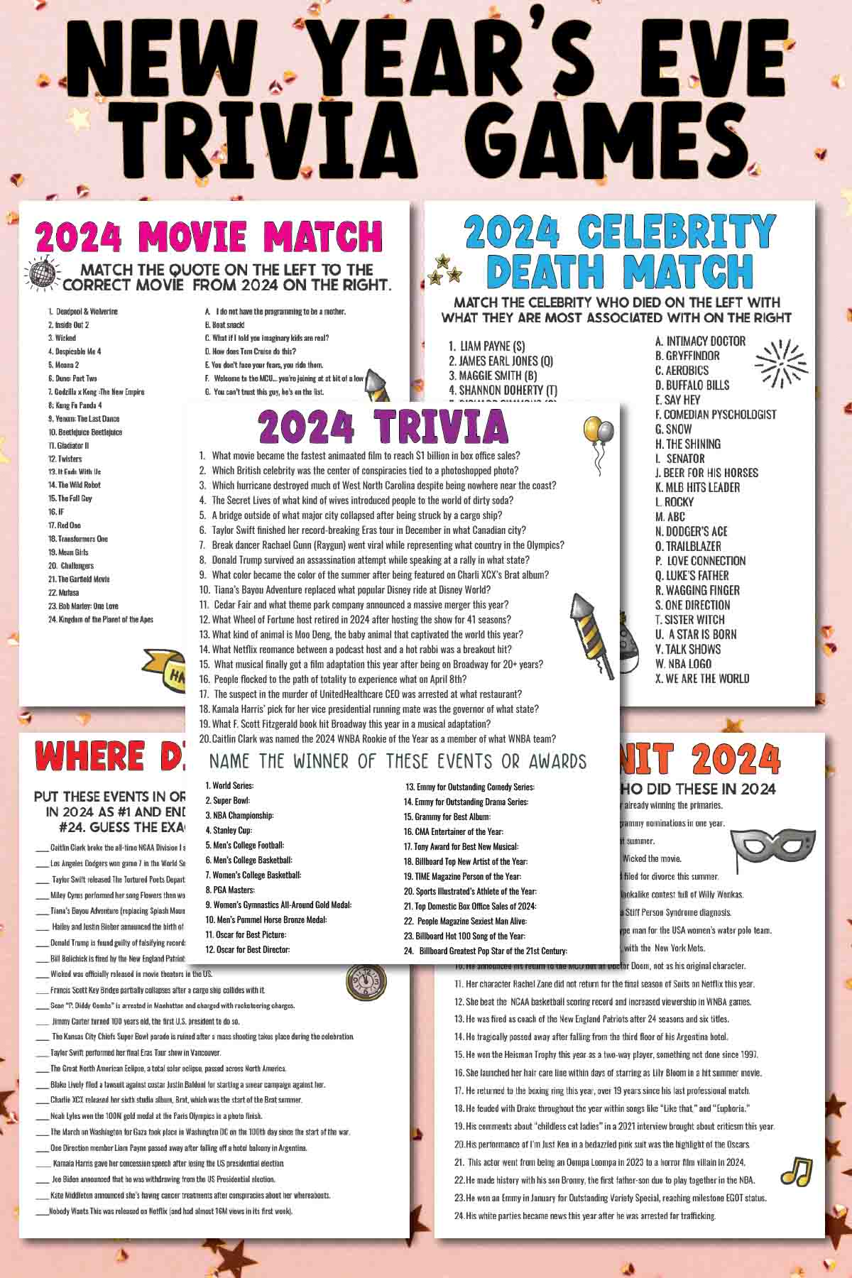 Five New Year's Eve trivia games on a pink background