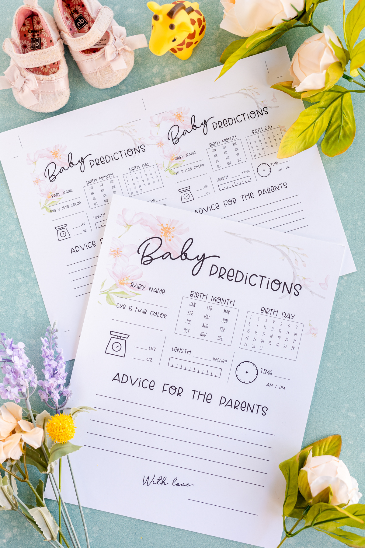 printed out baby shower predictions and advice cards