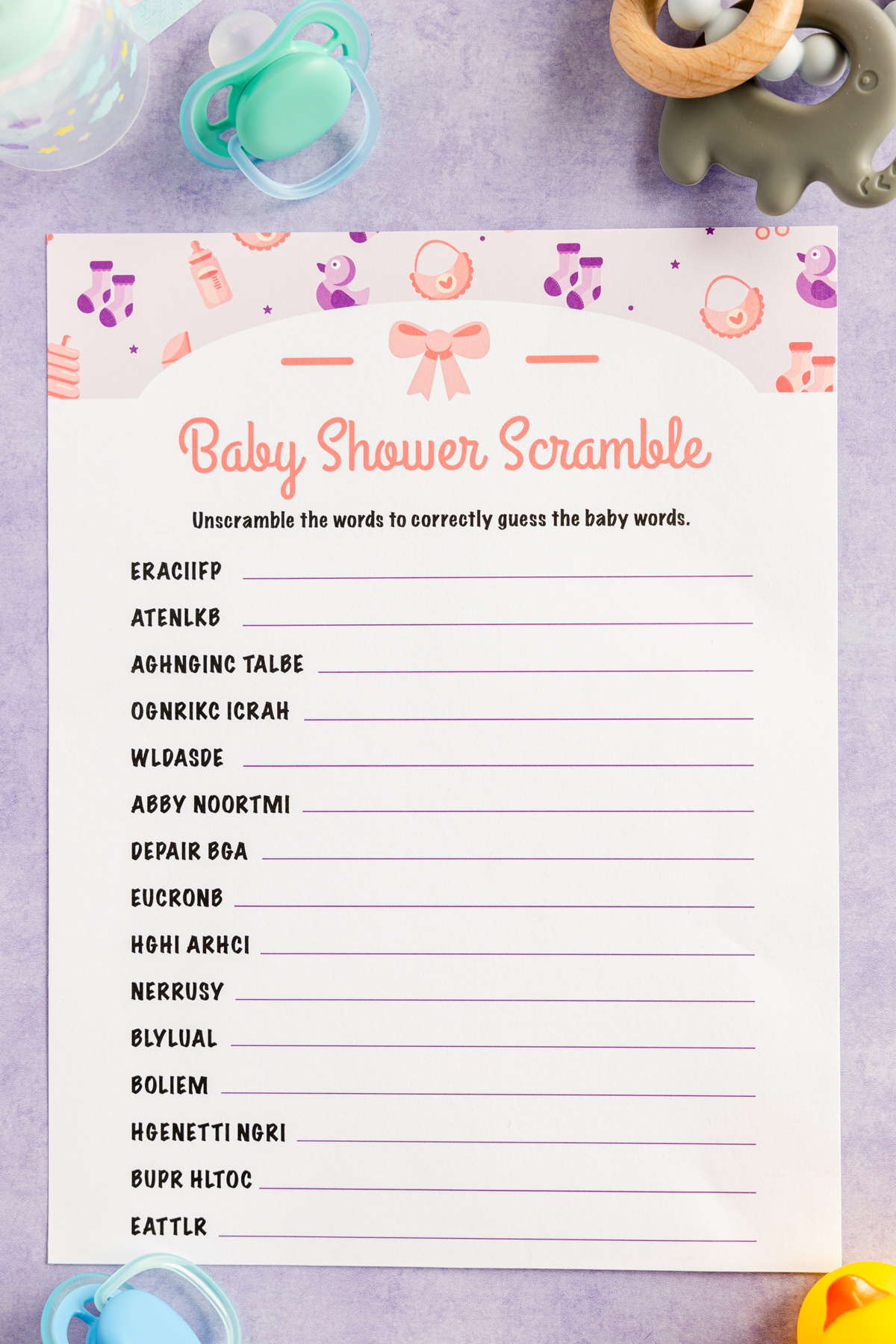 printed out blank baby shower word scramble game