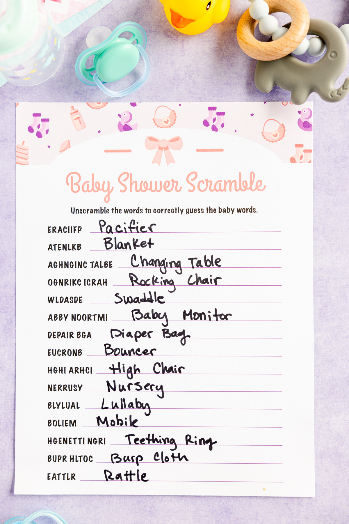 baby shower word scramble with answers written in