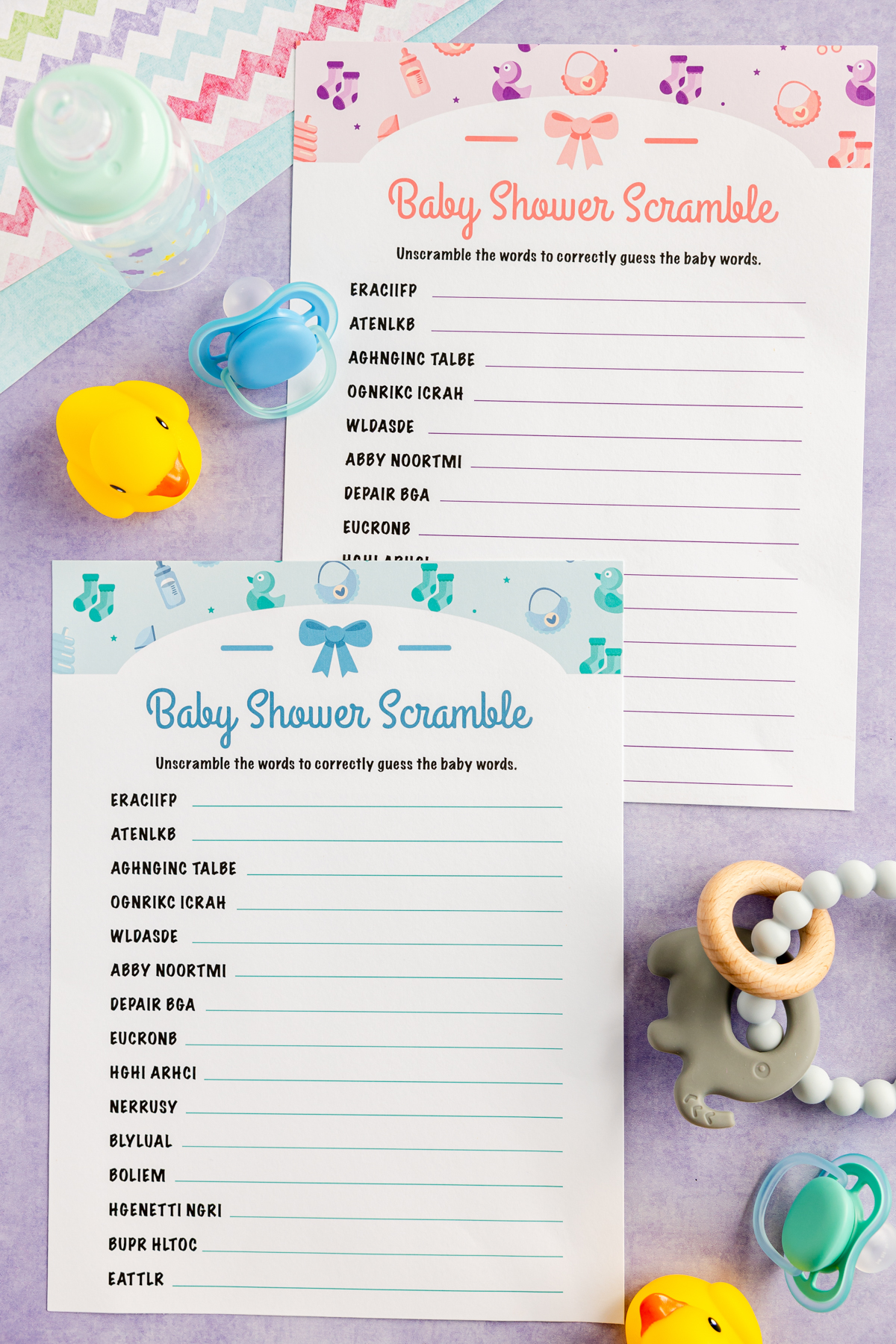 a blue and pink baby shower word scramble print out
