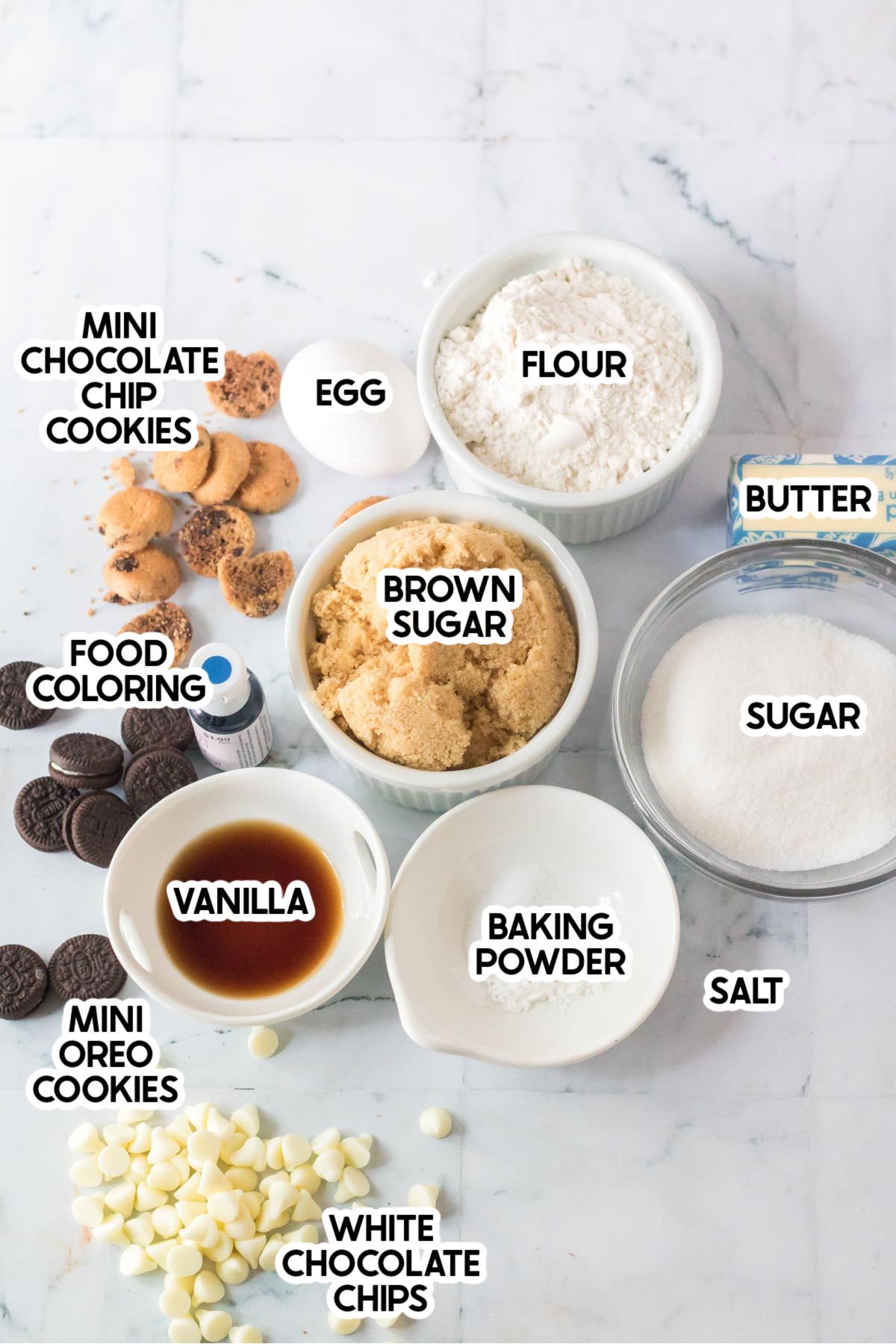 ingredients to make cookie monster cookies with labels