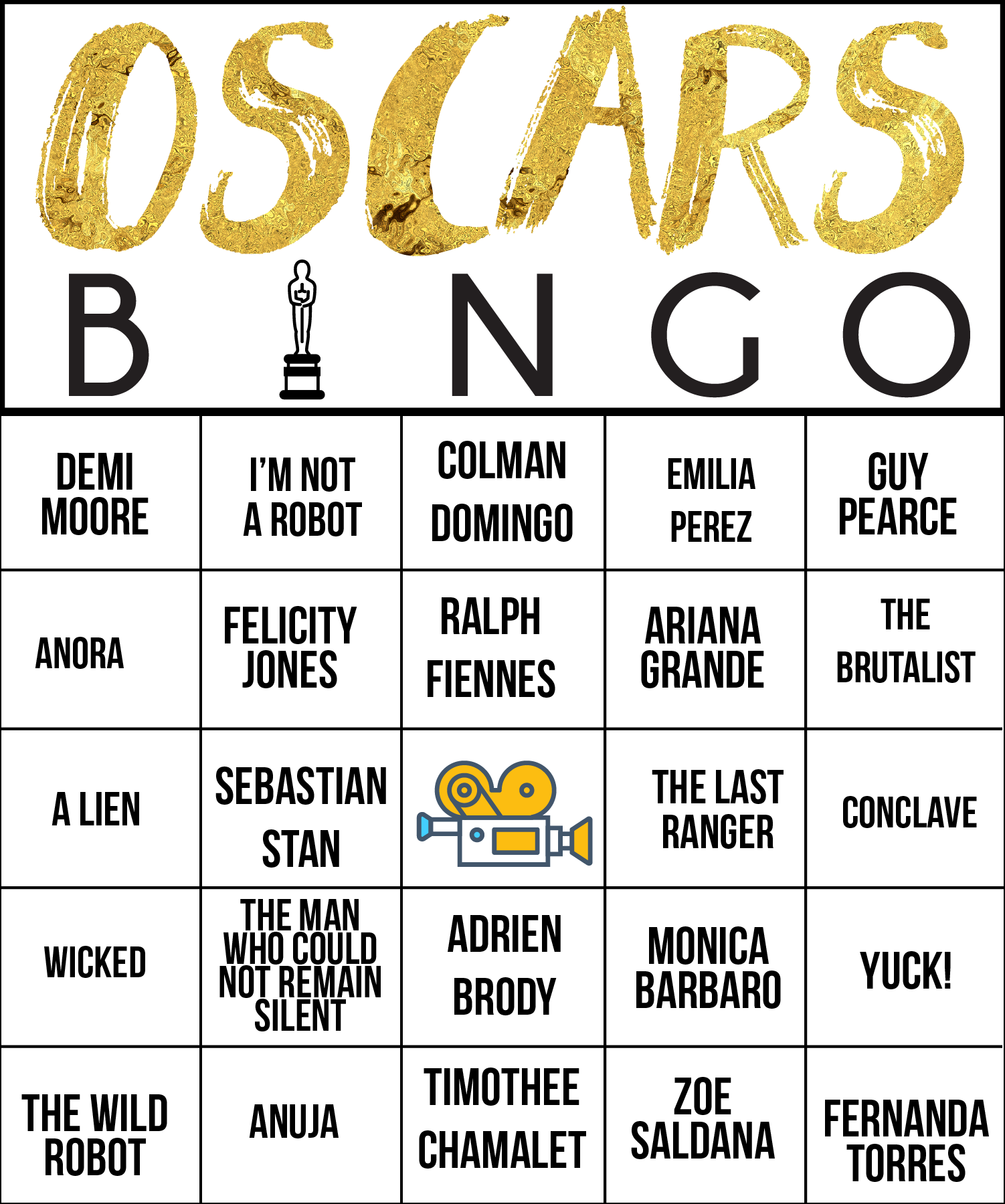 2025 Oscar bingo card with names and movie names