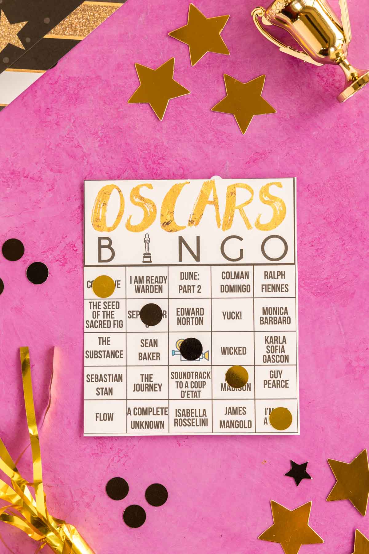 Oscar bingo card with spaces covered up