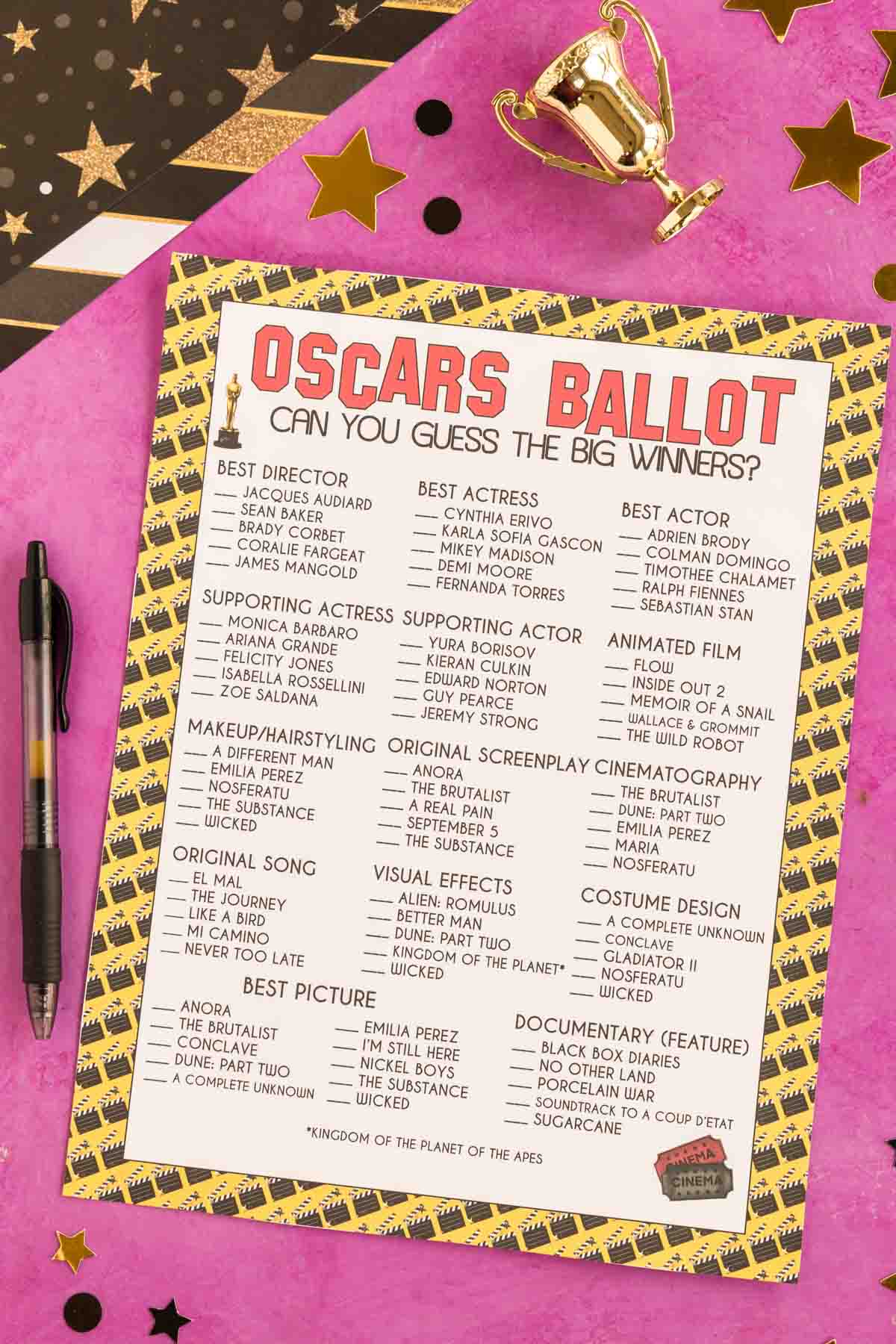 Free Printable 2025 Oscars Nominees Ballot List