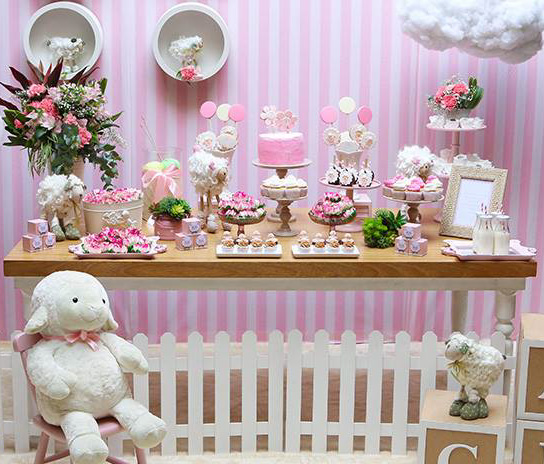 lamb themes party table with pink and white accents