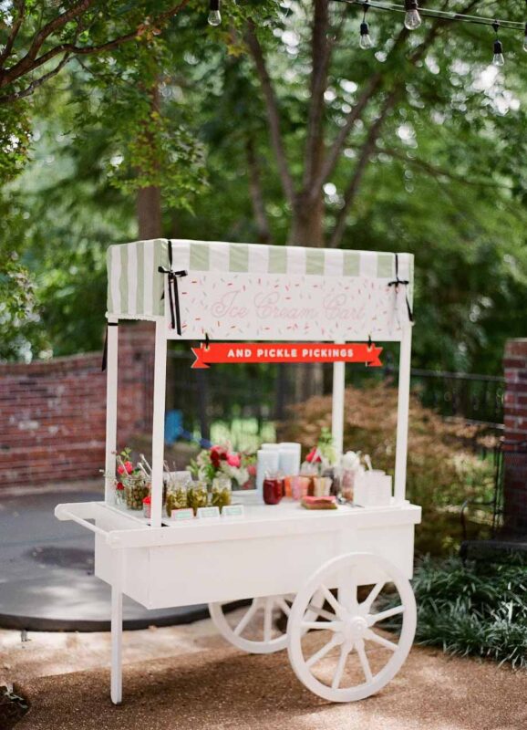 ice cream cart with pickles and ice cream decorations