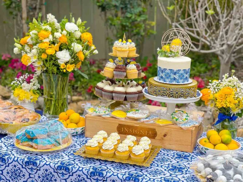 blue and yellow party foods with italian accents