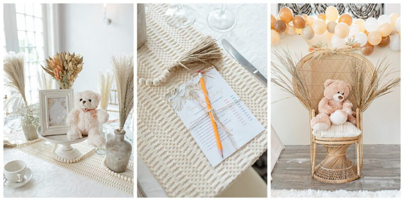 collage of neutral table settings with bear in the center