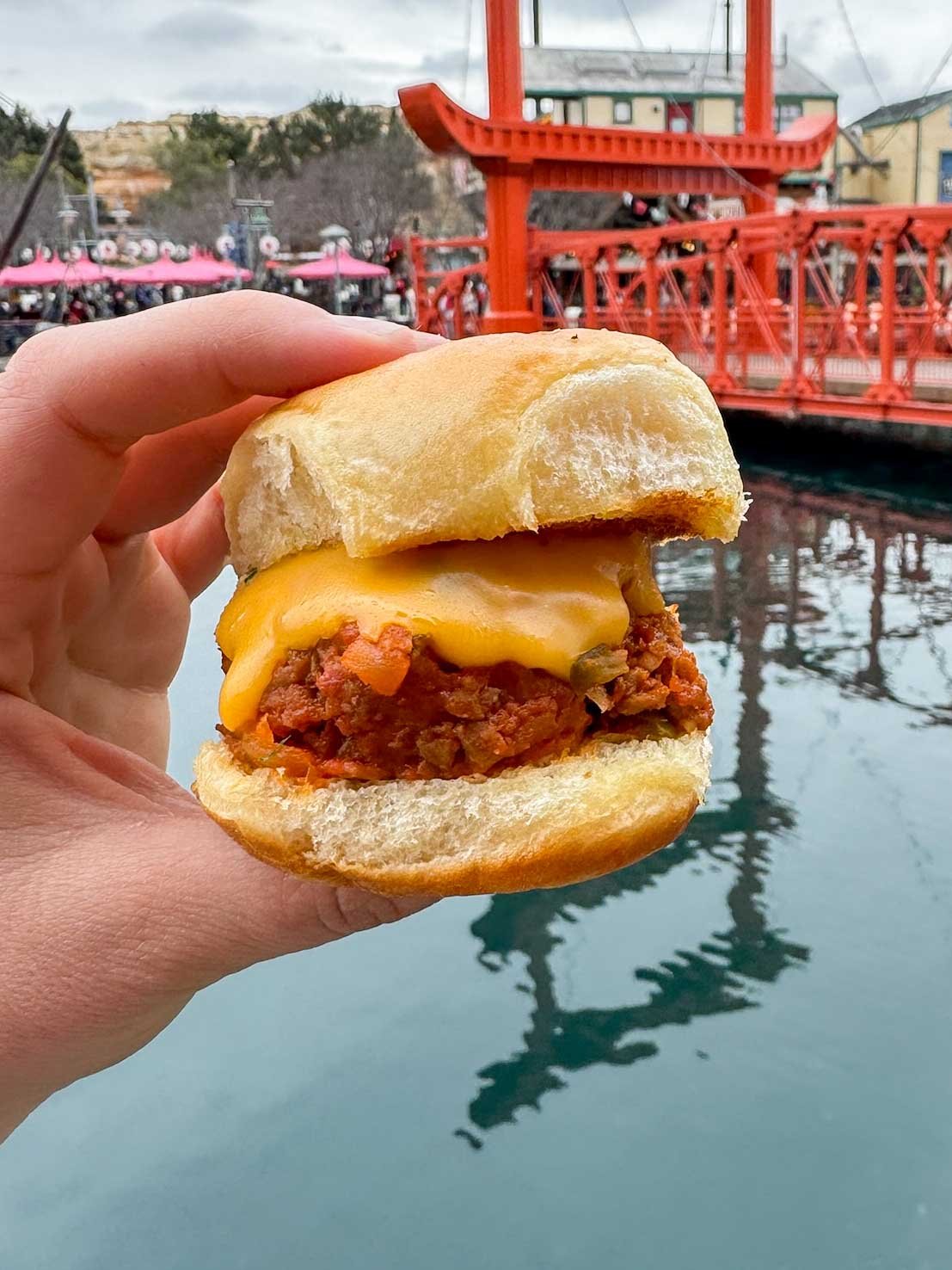 hand holding a sloppy joe slider 