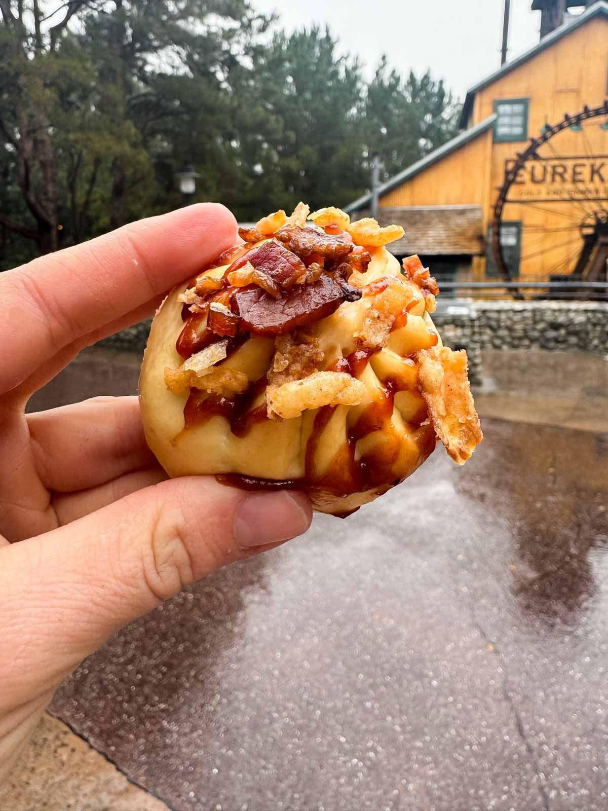 hand holding a barbecue bao at disneyland