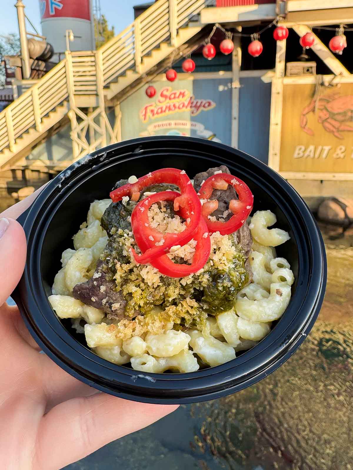 hand holding the gruyere sirloin at disneyland