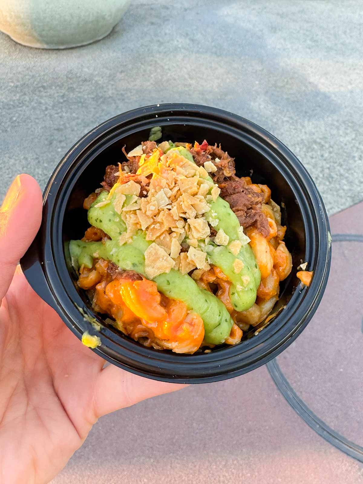 hand holding a mac and cheese dish at disneyland