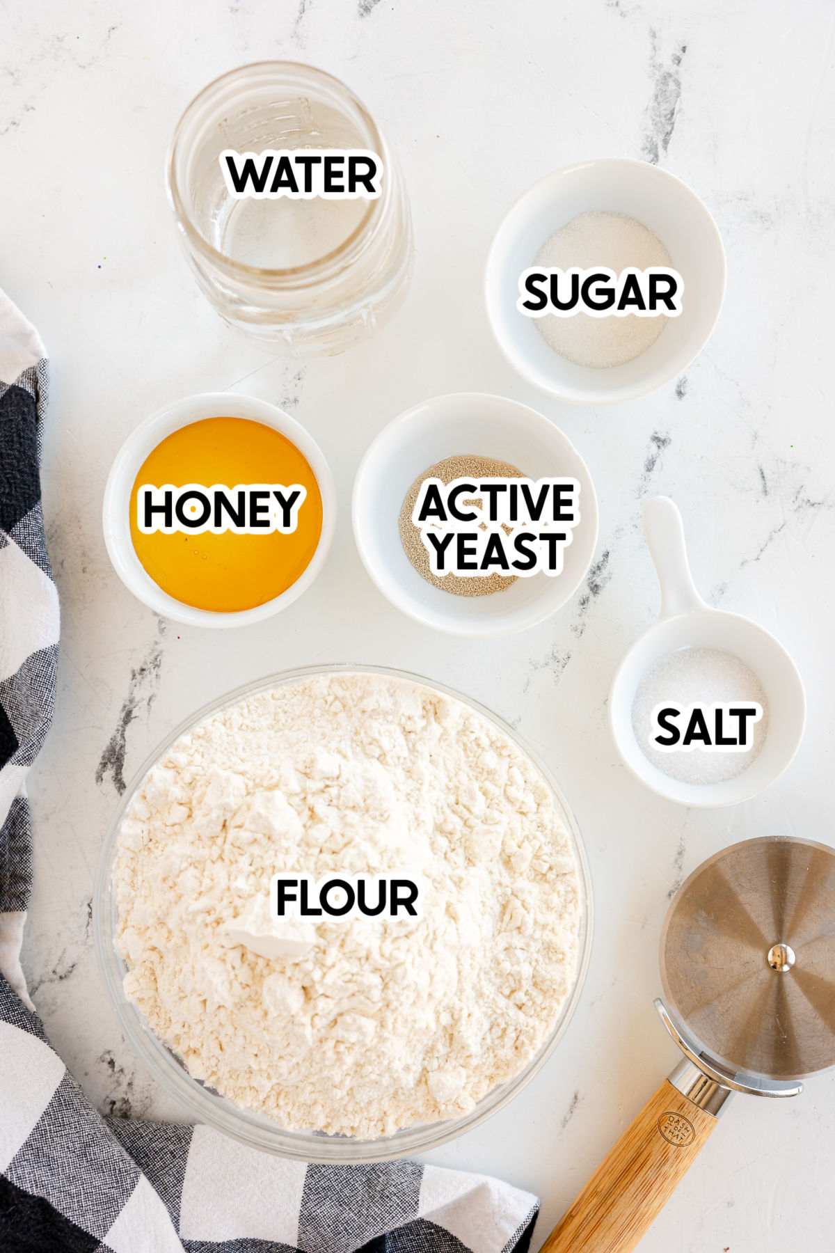 ingredients in same day pizza dough with labels
