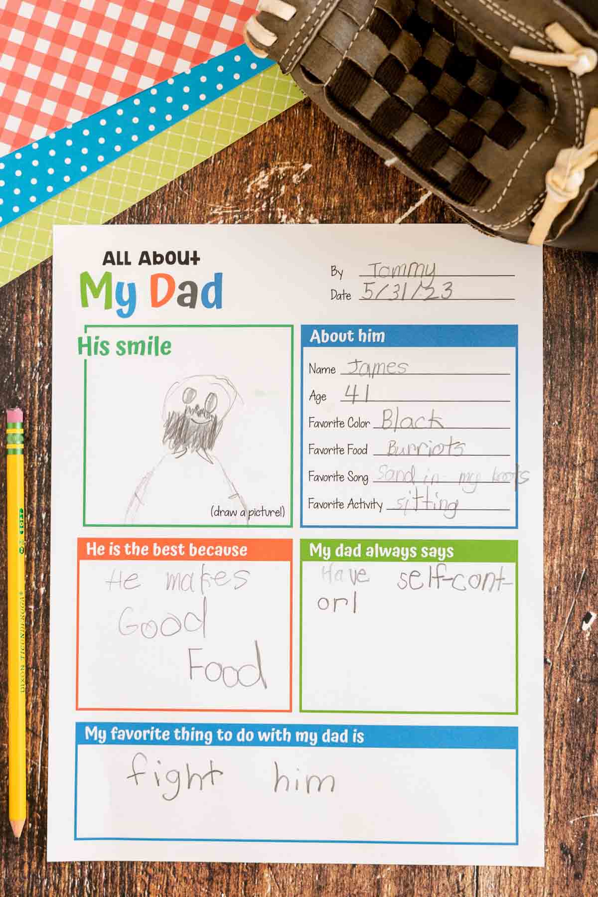 filled out all about dad printable sheet