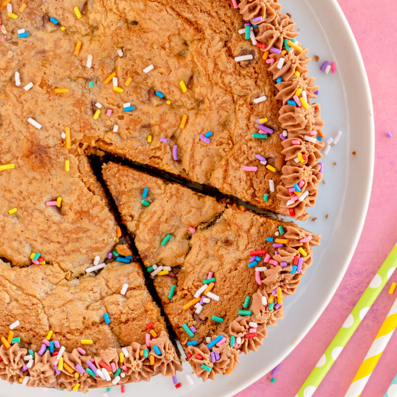 top down view of a chocolate chip cookie cake