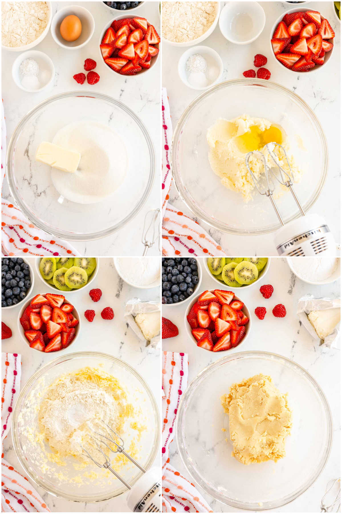 four images showing make sugar cookie dough for fruit pizza